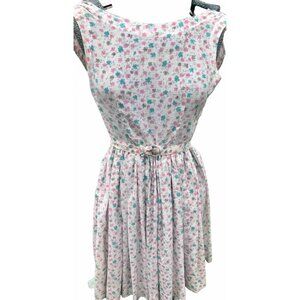 Vtg 50s 60s Handmade Aqua Pink Fit Flare Dress Women’s XS 0 Geo Floral starburst